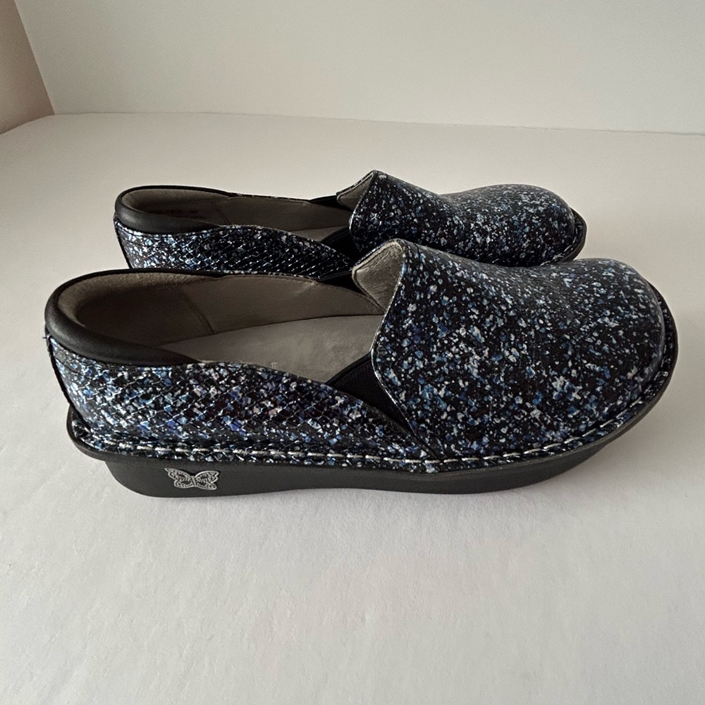Alegria Black and Blue Speckled Mules